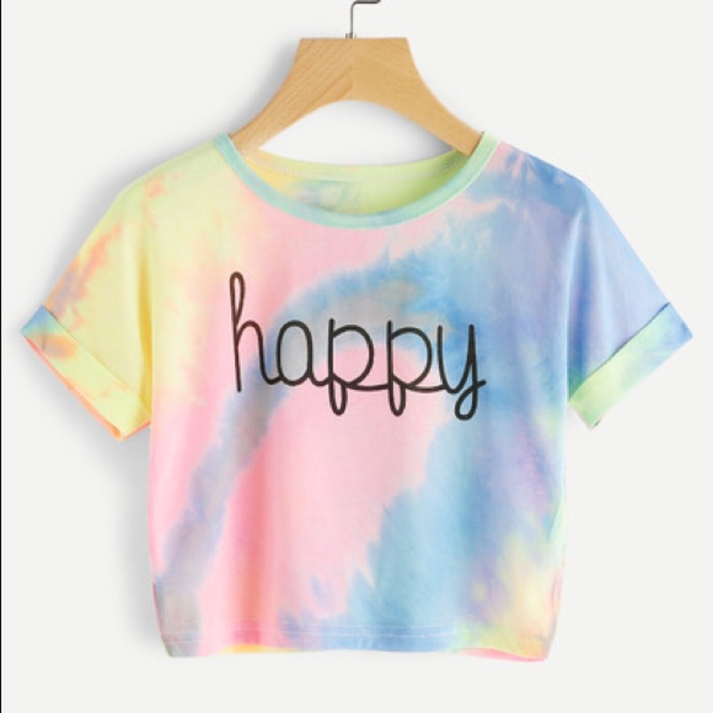 Rainbow Tie Dye “Happy” Crop Tee Shirt